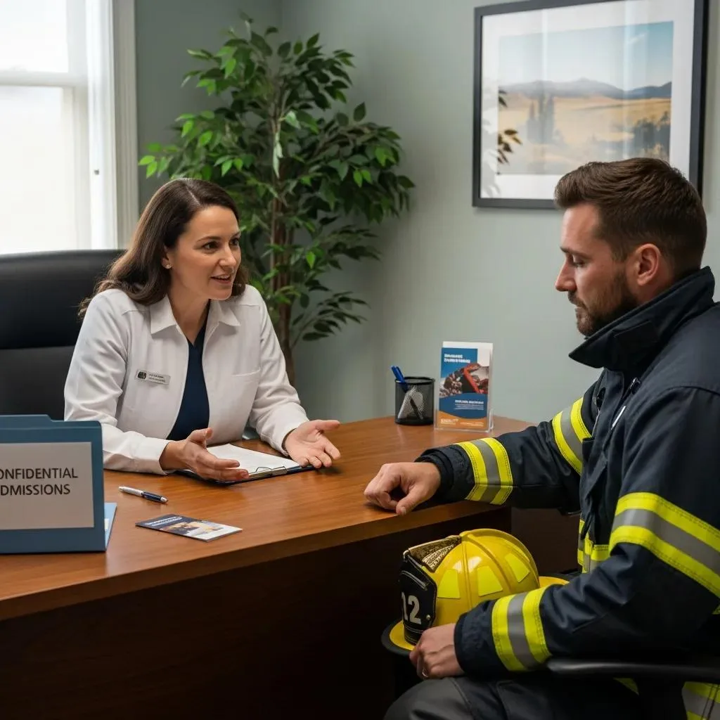 A Clinician Guiding A First Responder Through Admissions — Confidential, Clear, And Supportive
