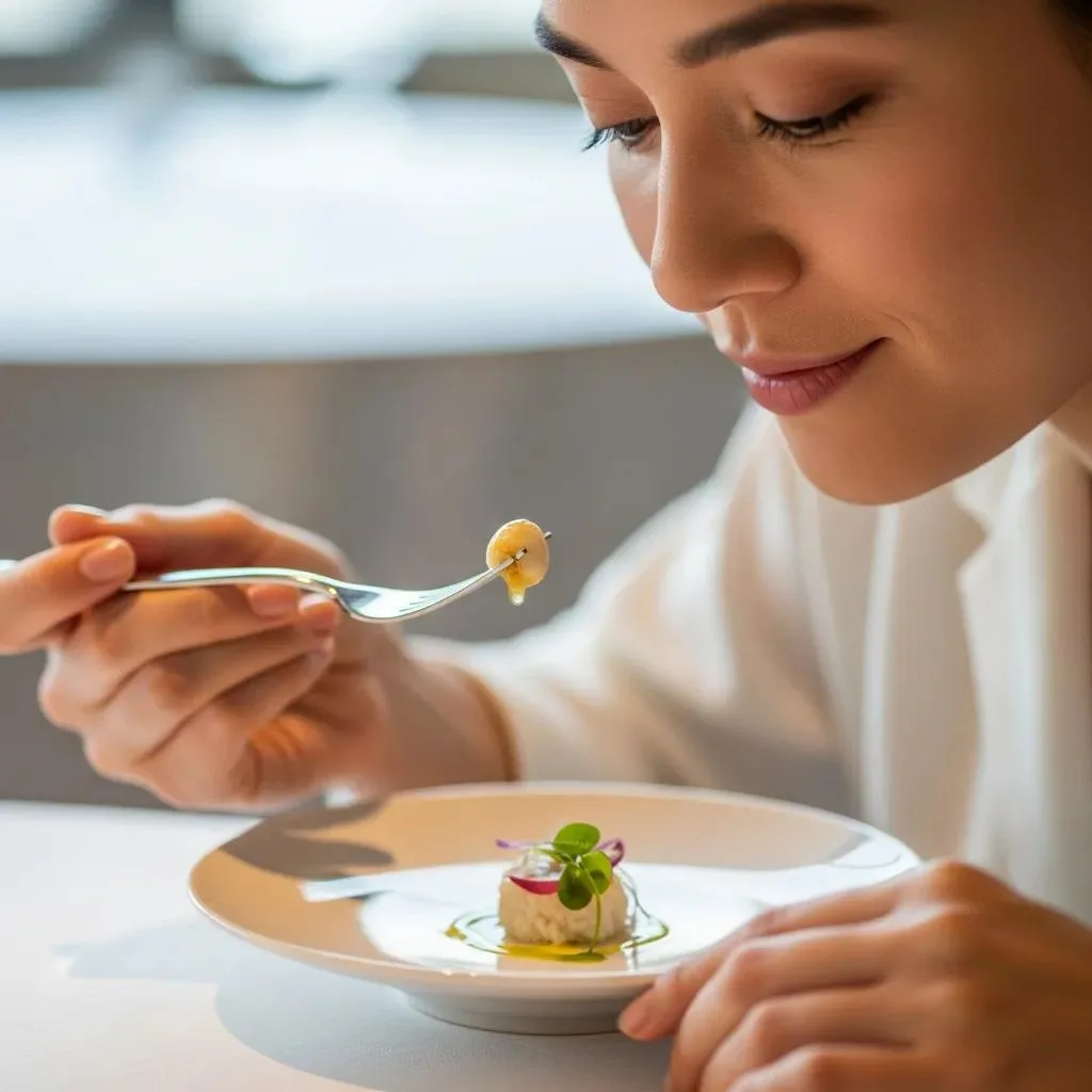 Person Savoring A Small Bite In A Calm Dining Setting As Part Of Mindful Eating Practice