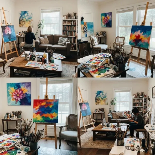 Art Therapy Studio With Vibrant Art Supplies And A Person Painting, Symbolizing Healing Through Creative Expression In Addiction Recovery.