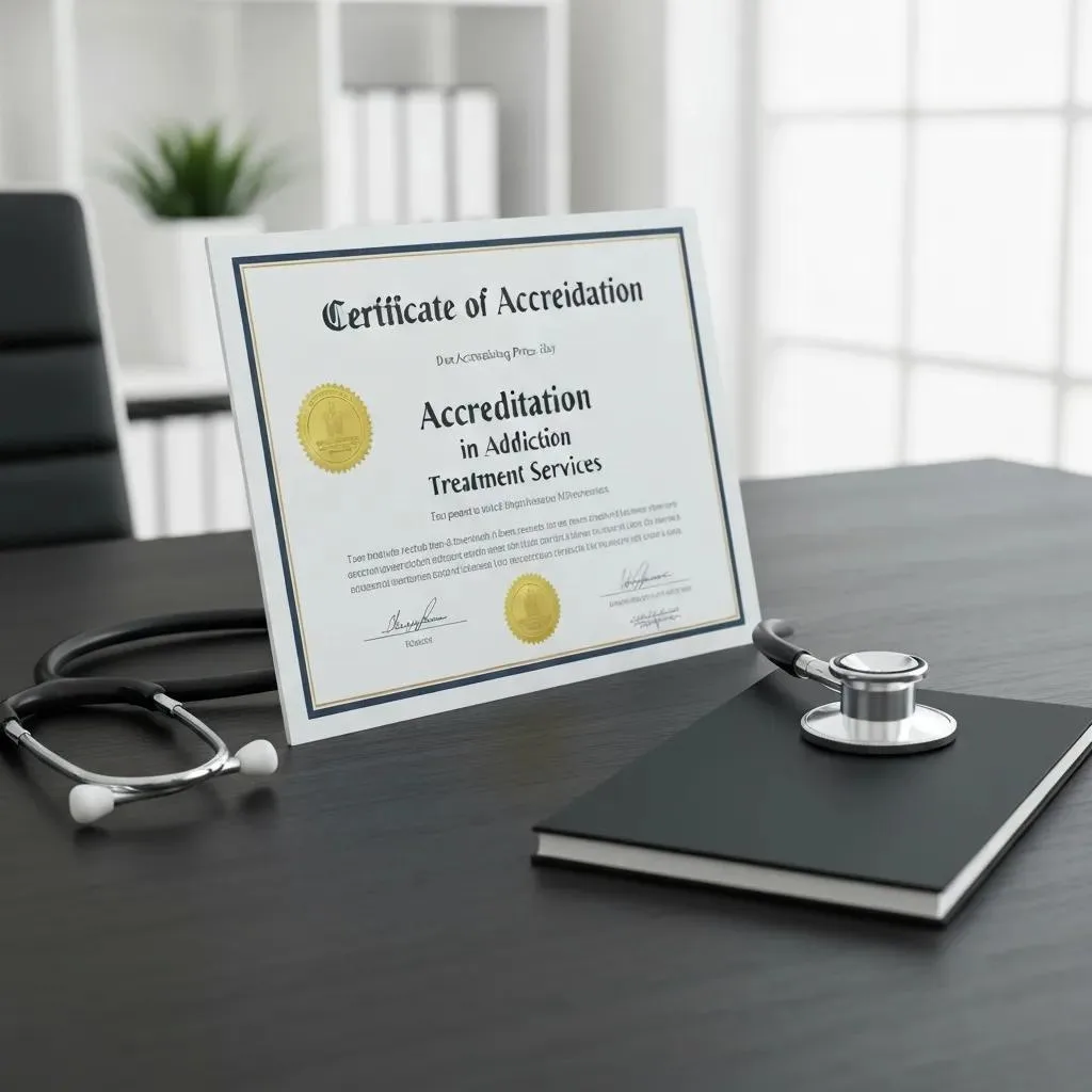 Key Factors To Consider When Choosing An Addiction Treatment Center In Las Vegas Accreditation Certificate On A Desk Next To A Stethoscope, Emphasizing The Role Of Credentials In Treatment Quality