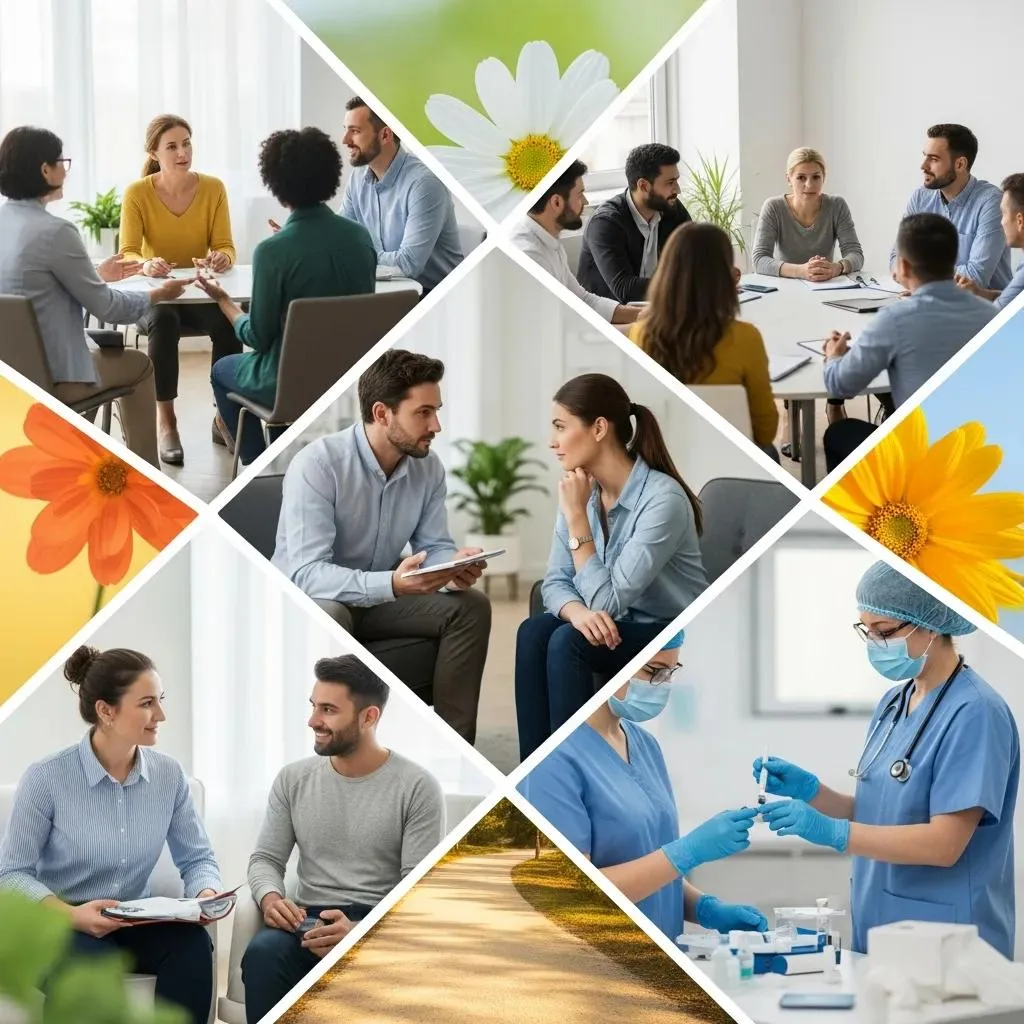 Collage Showing Therapy Sessions And Medical Support Used In Addiction And Dependence Care