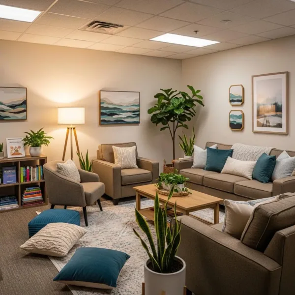 Comfortable Therapy Room Representing Integrated Care For Addiction And Mental Health Recovery
