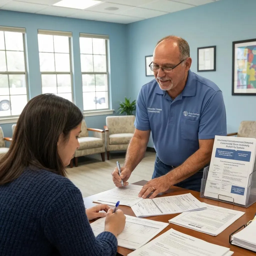 Community Health Worker Helping A Family Complete Government Aid Paperwork For Treatment