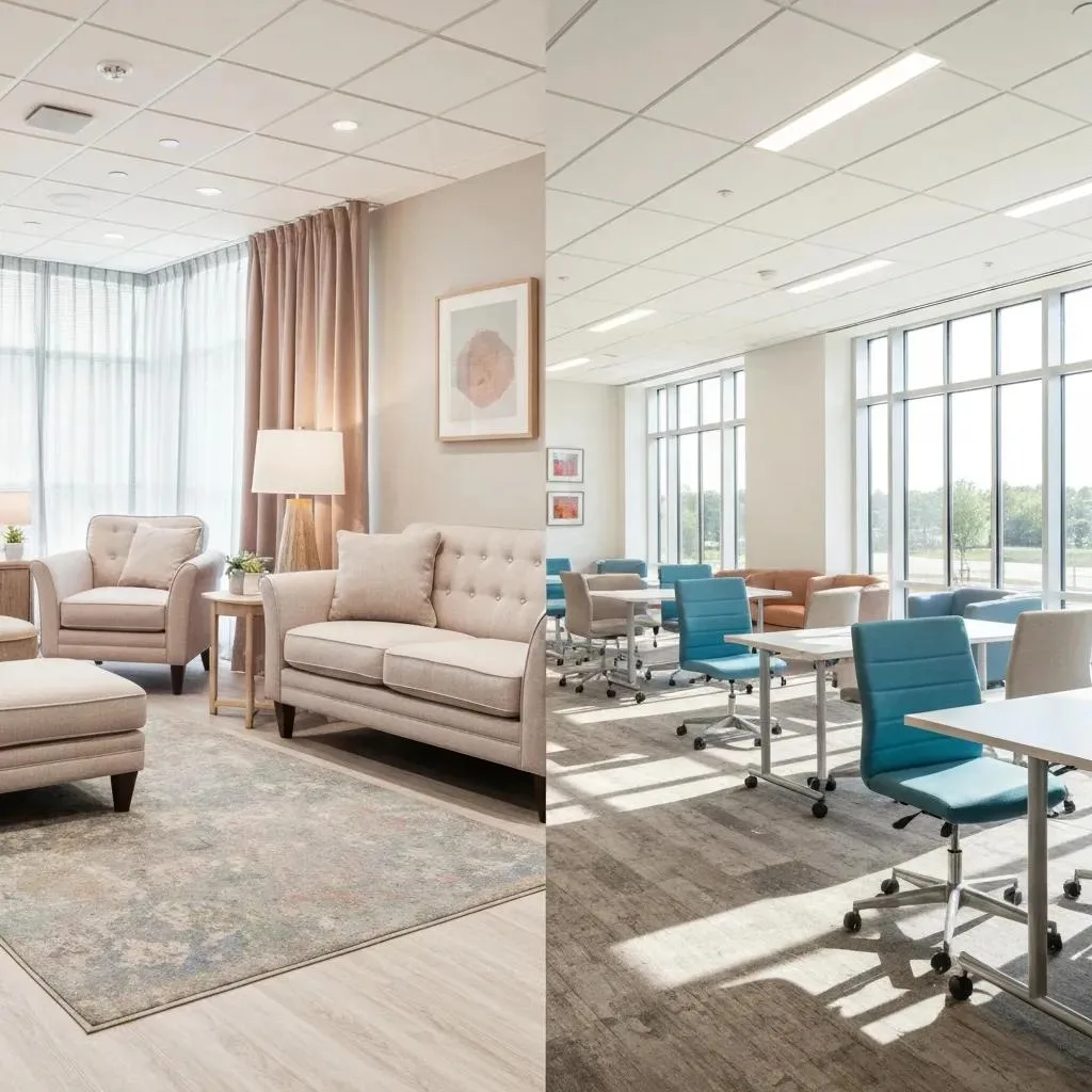Key Factors To Consider When Choosing An Addiction Treatment Center In Las Vegas Side-By-Side View Of An Inpatient Room And An Outpatient Therapy Session To Illustrate Different Care Settings