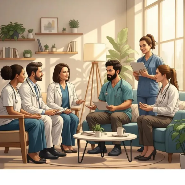 Diverse Addiction Treatment Experts Collaborating In A Modern Rehab Facility