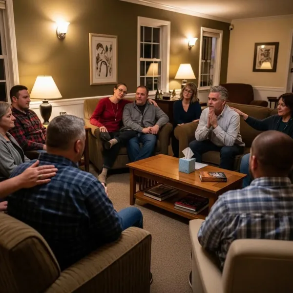 Diverse Group Of Individuals In A Supportive Narcotics Anonymous Meeting Environment