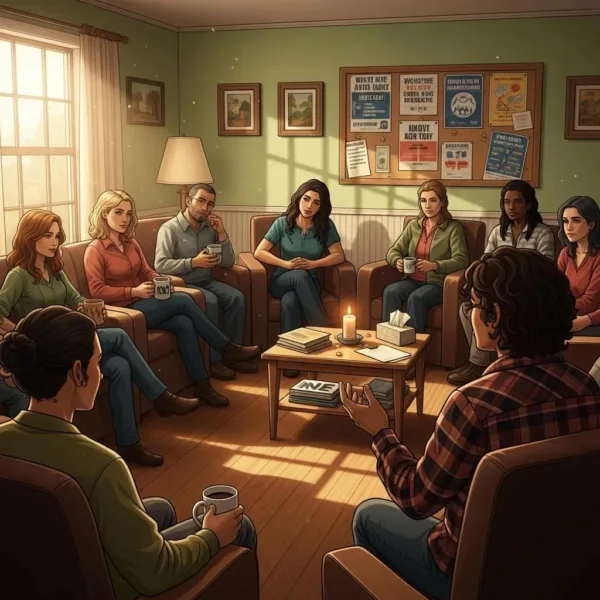 Diverse Group Of Individuals Participating In A Narcotics Anonymous Meeting, Showcasing Community Support And Recovery.