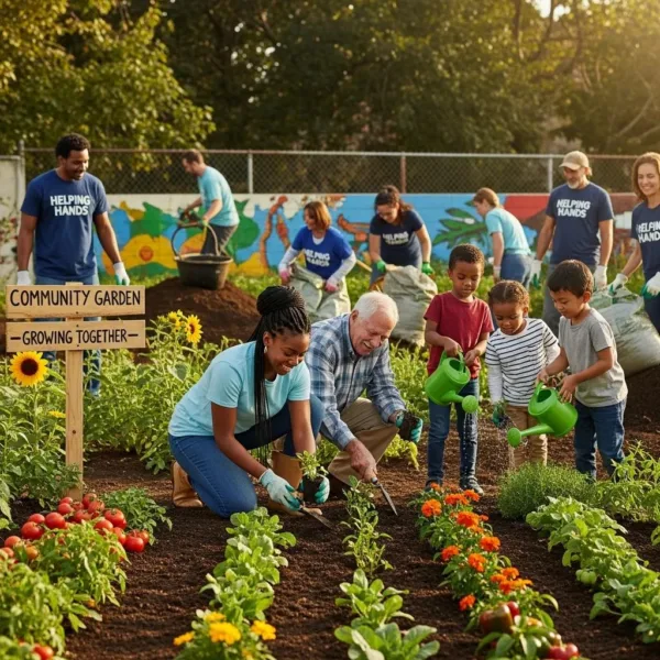 Diverse Group Of Volunteers Working Together In A Community Garden, Symbolizing Purpose And Connection In Recovery