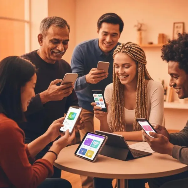 Diverse Individuals Engaging With Recovery Apps In A Supportive Community Setting