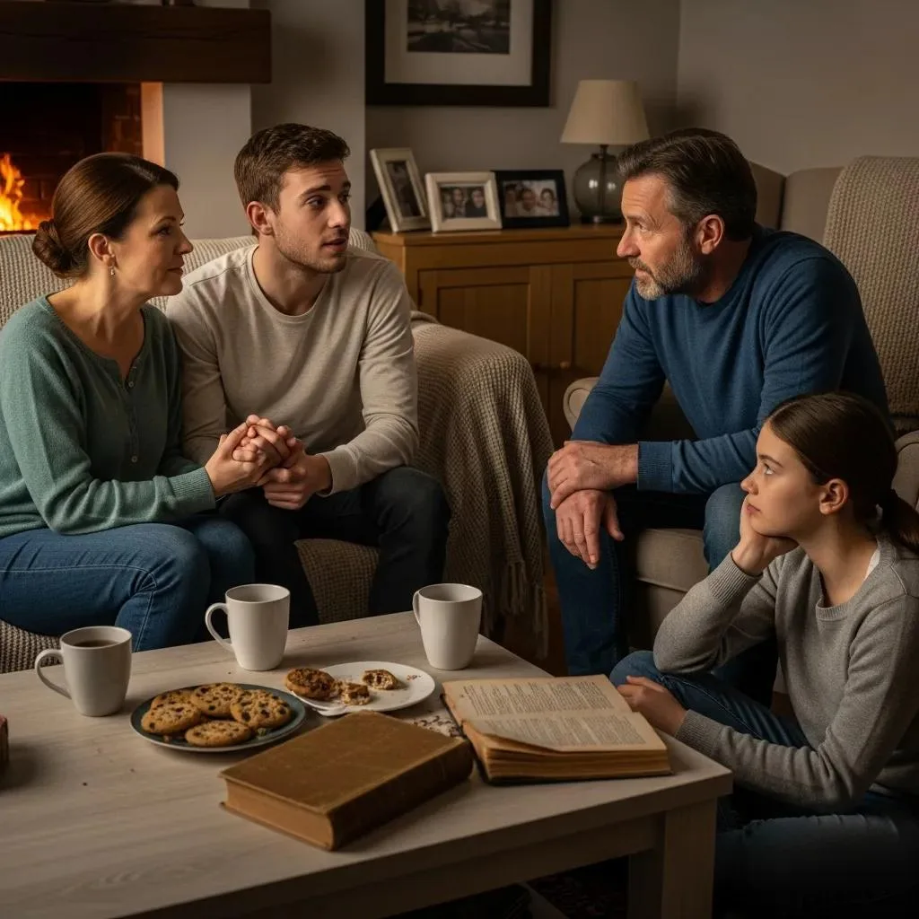 A Family In Conversation About Recovery, Showing Emotional Support And Connection During Treatment