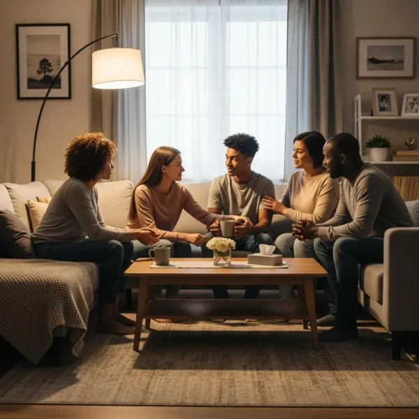 Blogs Family Discussing Addiction Recovery In A Warm, Supportive Environment