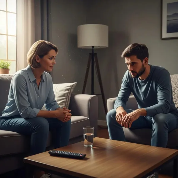 Family Member Observing Signs Of Addiction In A Loved One, Highlighting Concern And Emotional Connection