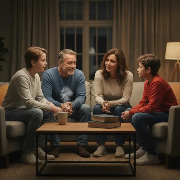 Family Members Supporting Each Other In A Cozy Living Room, Symbolizing Unity In Addiction Recovery