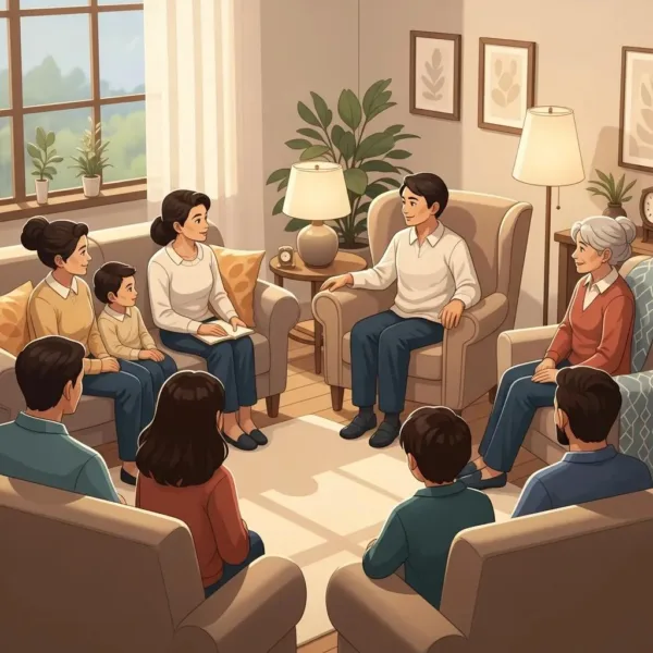 Blogs Family Therapy Session Focused On Addiction Recovery, Showcasing Family Members Engaged In Supportive Dialogue