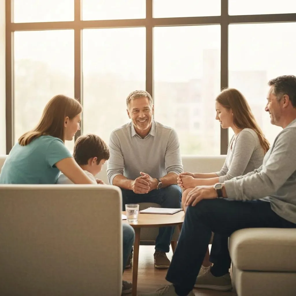 Family Therapy Session With A Clinician Facilitating A Supportive Conversation