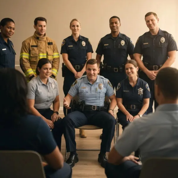 First Responders In A Supportive Therapy Session, Showcasing Camaraderie And Healing