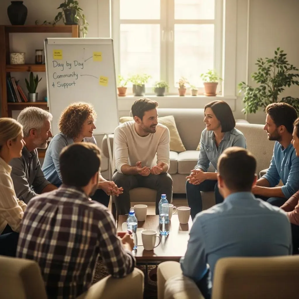 Sober Living Homes: Support After Inpatient Rehab Group Of Individuals In A Sober Living Home Engaging In A Supportive Meeting, Highlighting Peer Connection And Encouragement