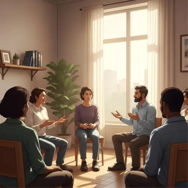 Group Therapy Session For Addiction Recovery, Showcasing Support And Community Engagement