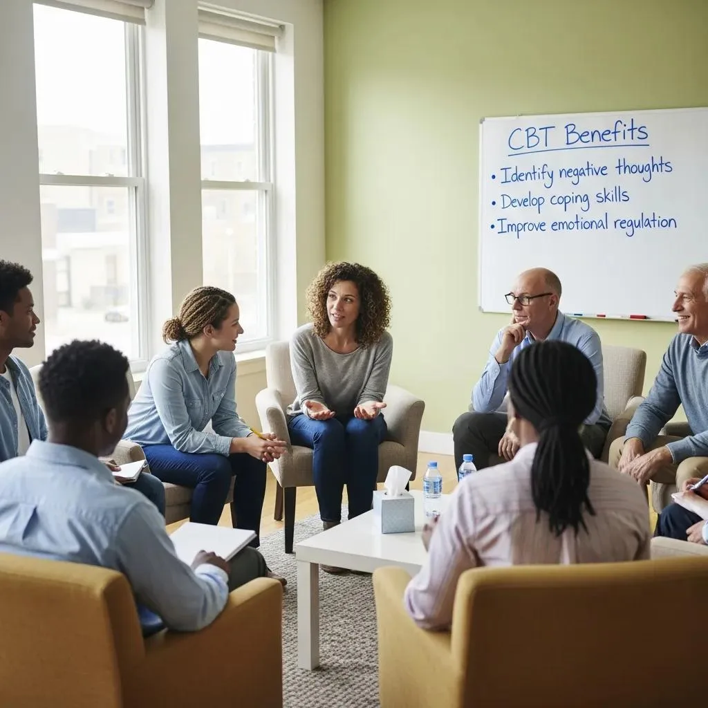 Cbt For Addiction Treatment &Amp; Recovery Group Therapy Session Showing Participants Practicing Cbt Skills For Recovery