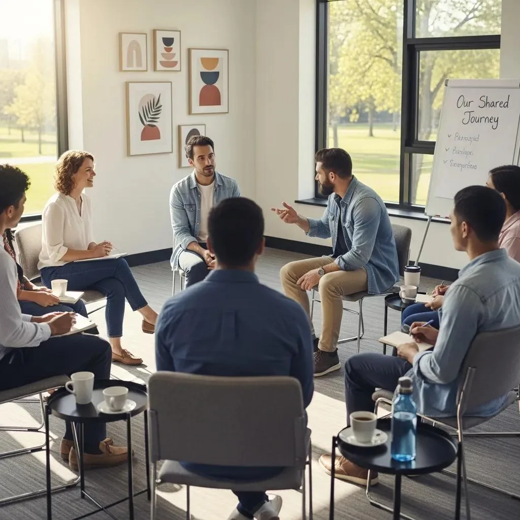 Group Therapy Session Showing People Engaging In A Motivational Interviewing Exercise