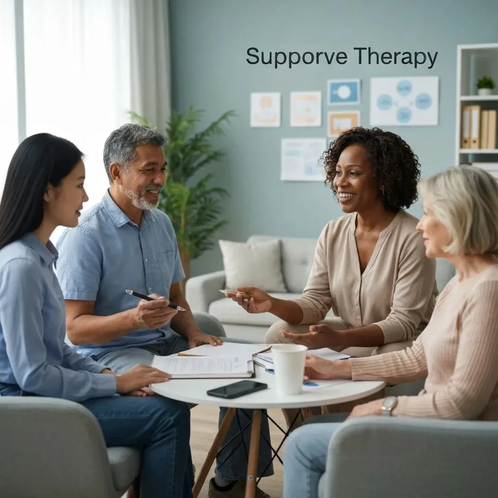 Supportive Group Therapy Session Showing Participants And Facilitator In Discussion