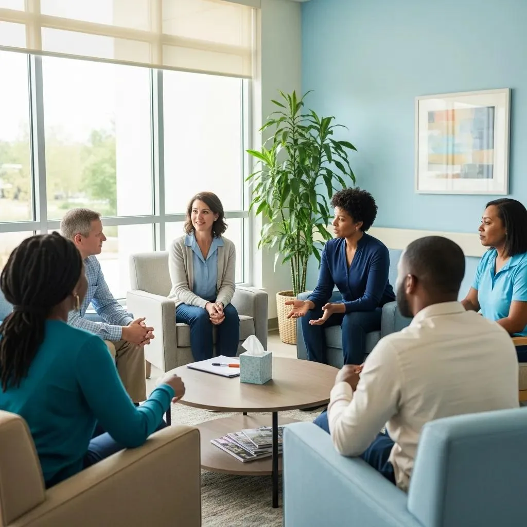Group Therapy Session In A Bright Inpatient Rehab Facility, Showing Peer Support And Connection
