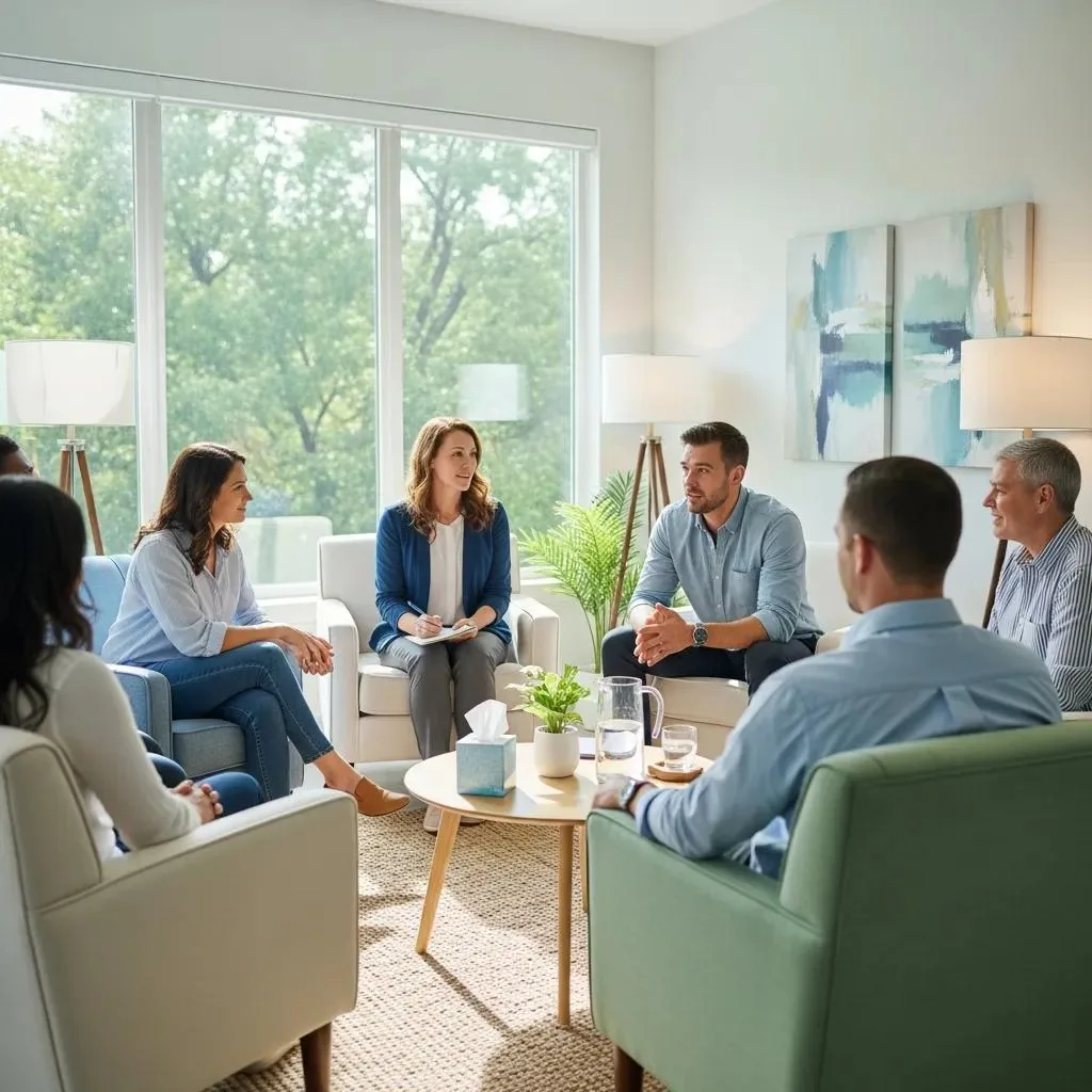 Group Therapy Session In A Bright Treatment Center, Showing Participants Engaged In Supportive Discussion