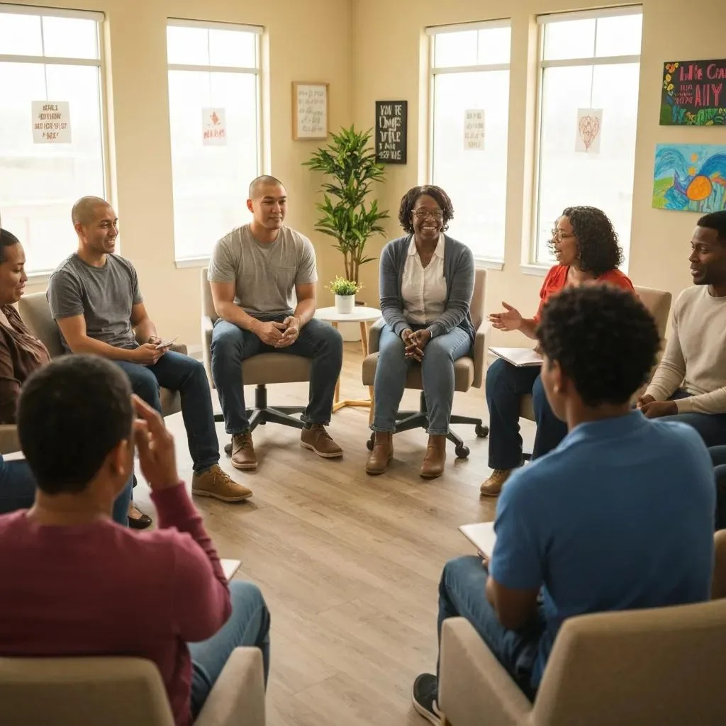 Group Therapy Session Inside A Rehab Facility — Community And Healing