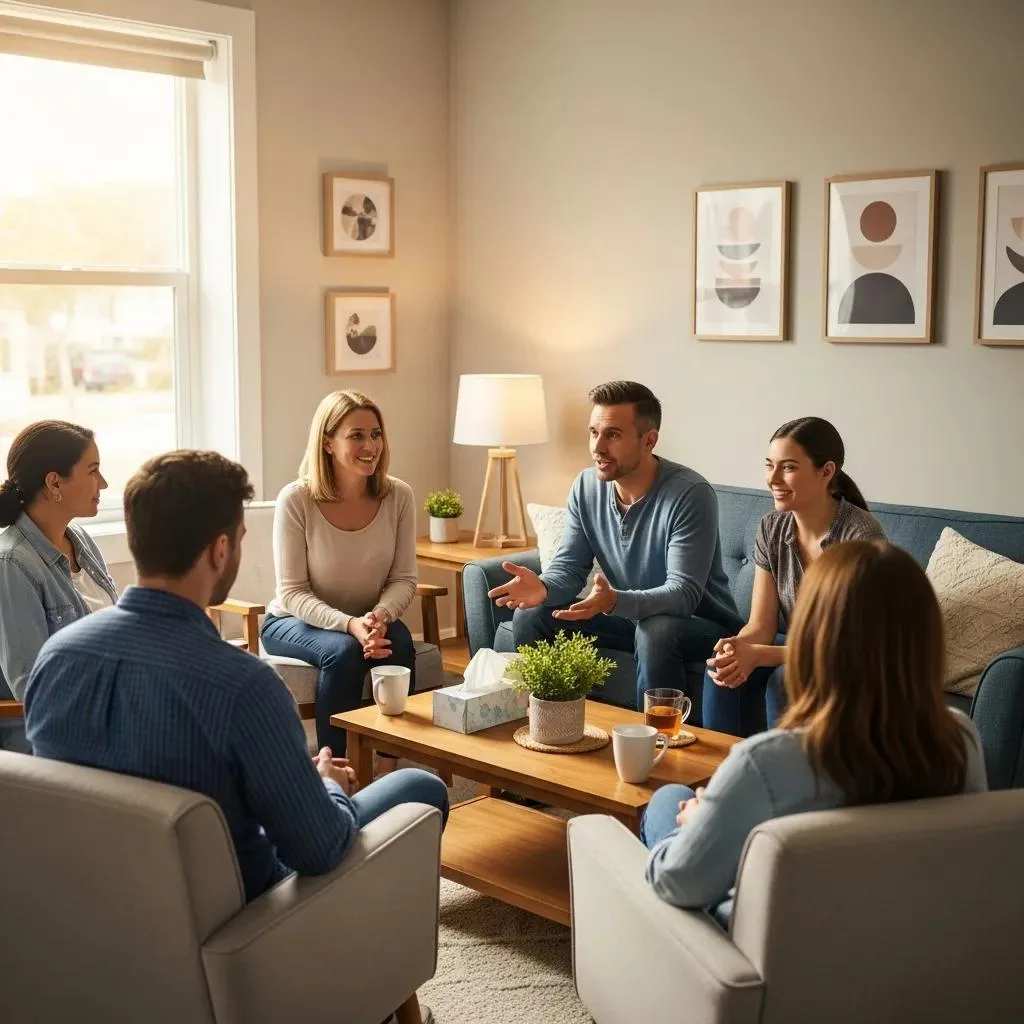 Group Therapy Session During Inpatient Rehab Emphasizing Peer Support And Clinical Care