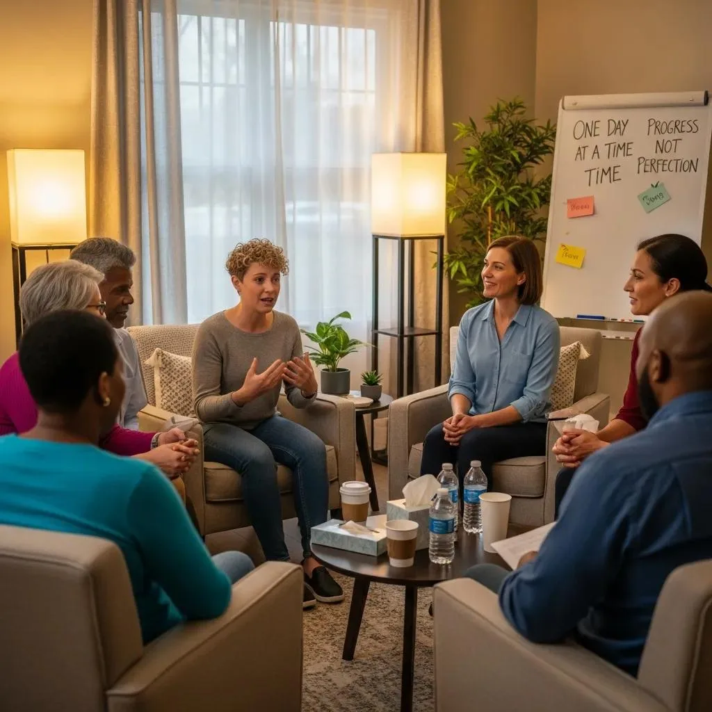 Group Therapy In A Residential Rehab Setting Showing Community Support And Clinical Engagement