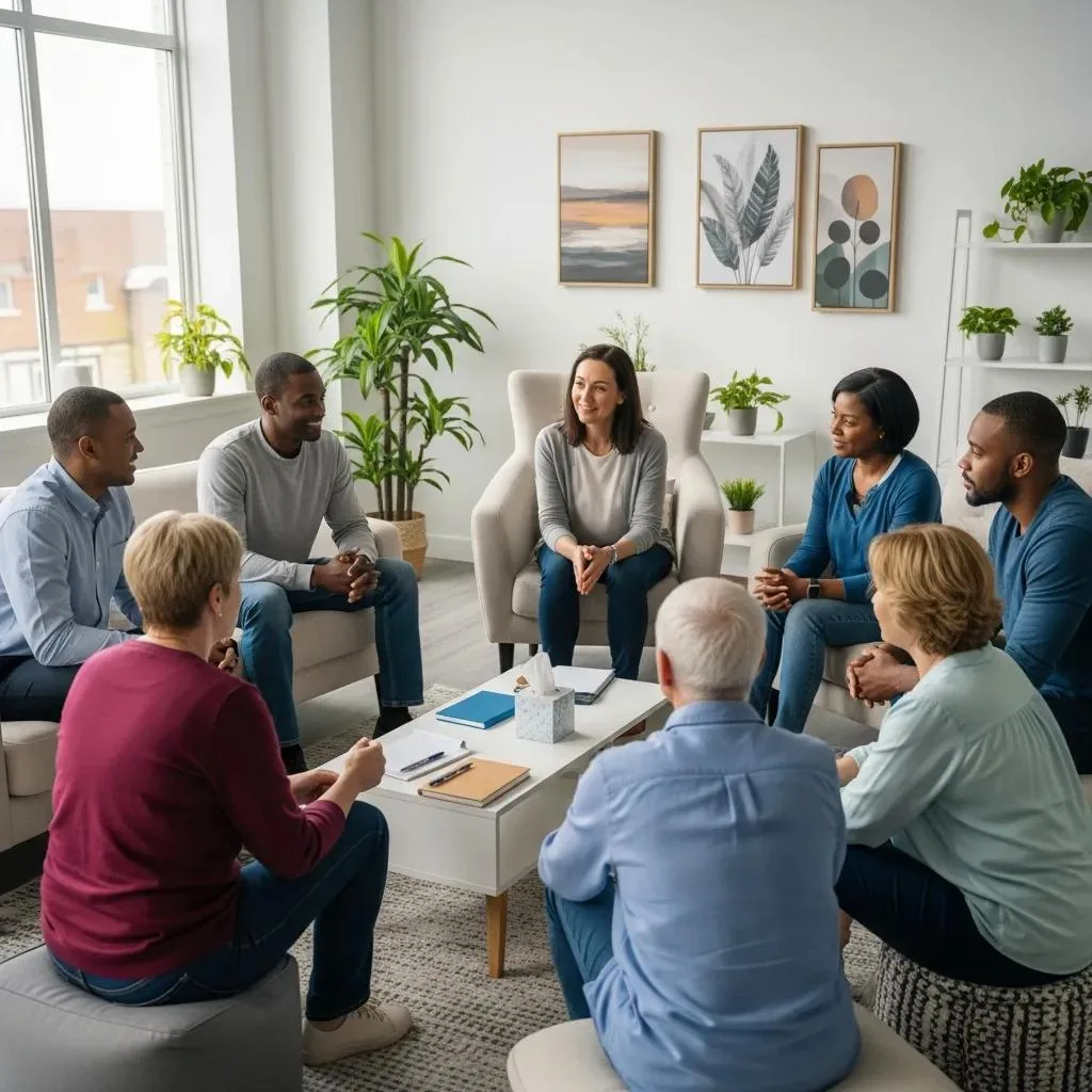 Group Therapy Session In An Outpatient Rehab Setting Showcasing Flexibility And Support