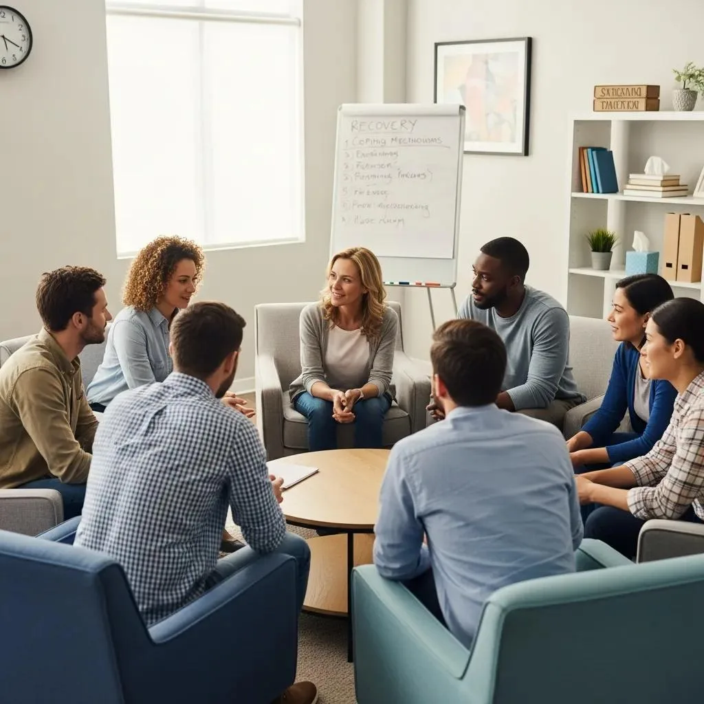 Group Therapy Session In Inpatient Rehab At Betterchoice, Fostering Peer Support And Skill Building
