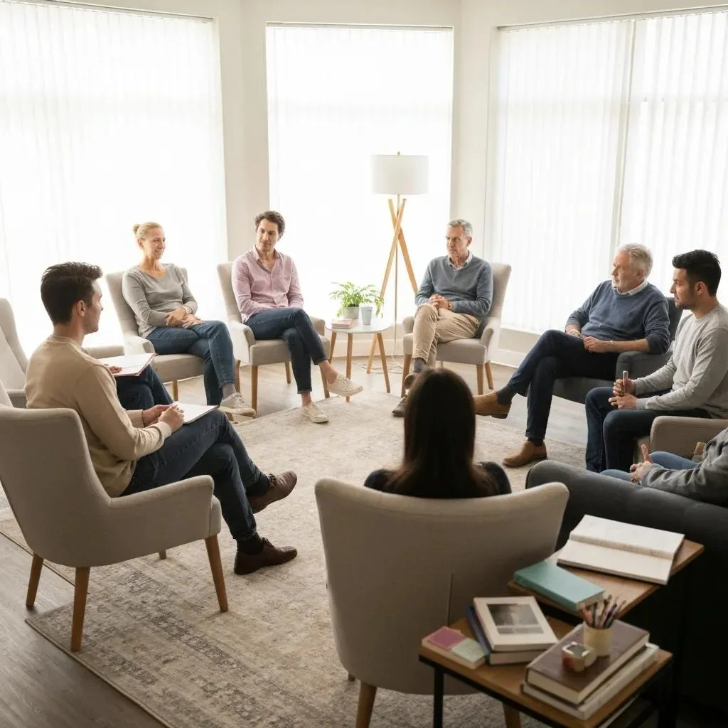 Group Therapy Session In An Inpatient Rehab Setting, Showing Supportive Engagement
