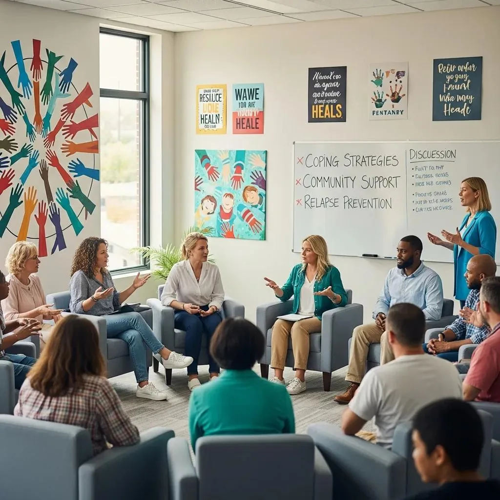 Fentanyl Rehab Program Las Vegas, Nevada Group Therapy In An Outpatient Clinic Illustrating Community And Peer Support For Fentanyl Recovery