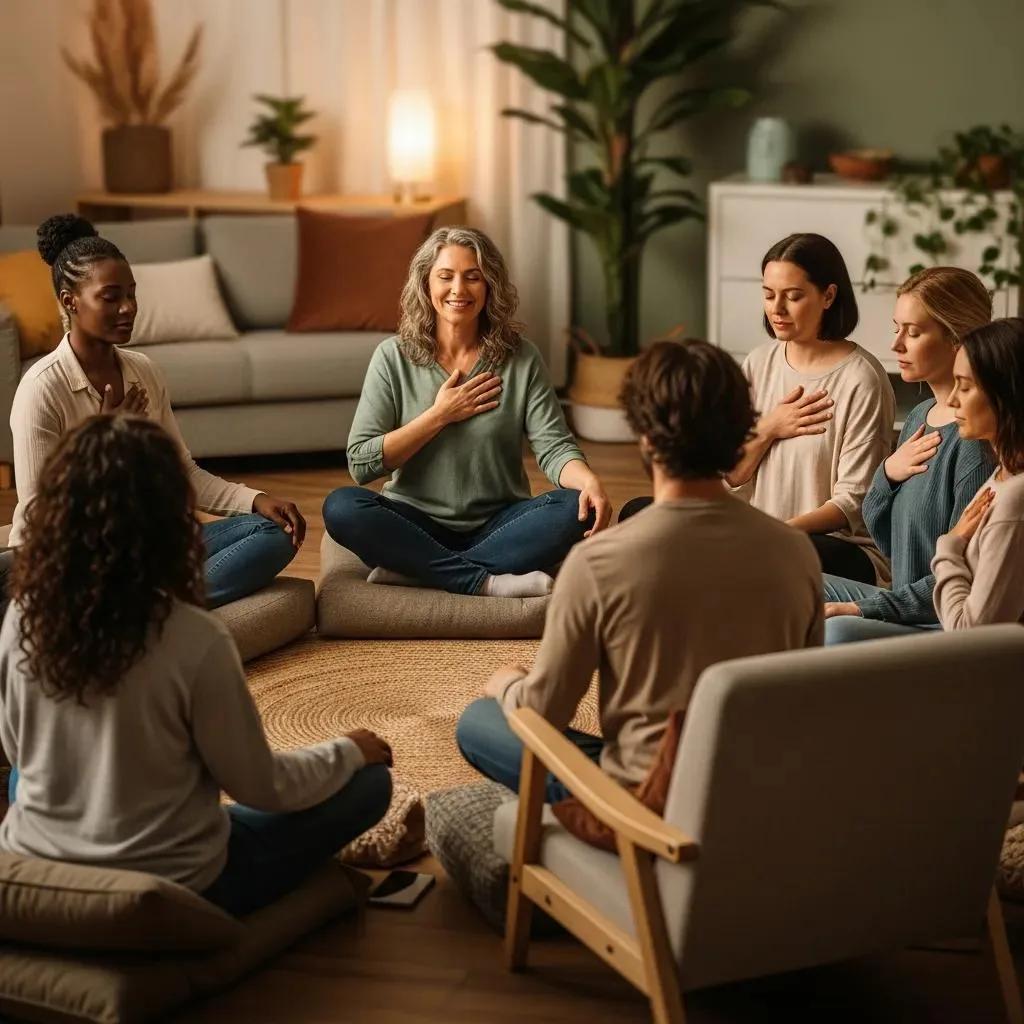 Group Practicing Mindfulness-Based Relapse Prevention In A Therapy Session