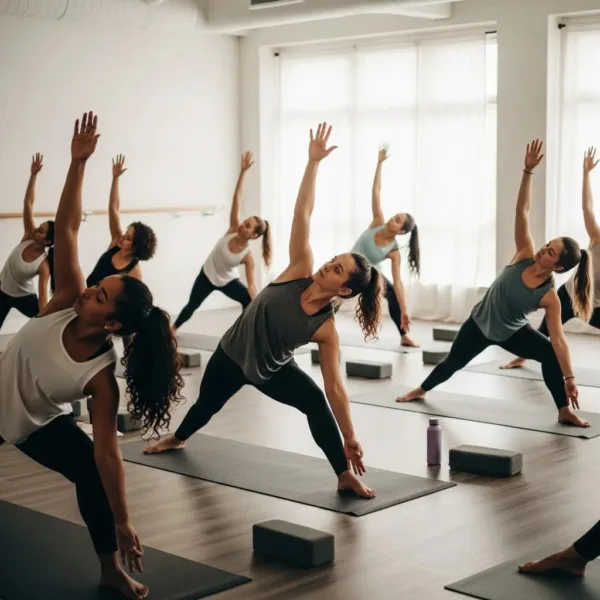 Group Yoga Practice In A Serene Studio, Highlighting Community Support In Addiction Recovery