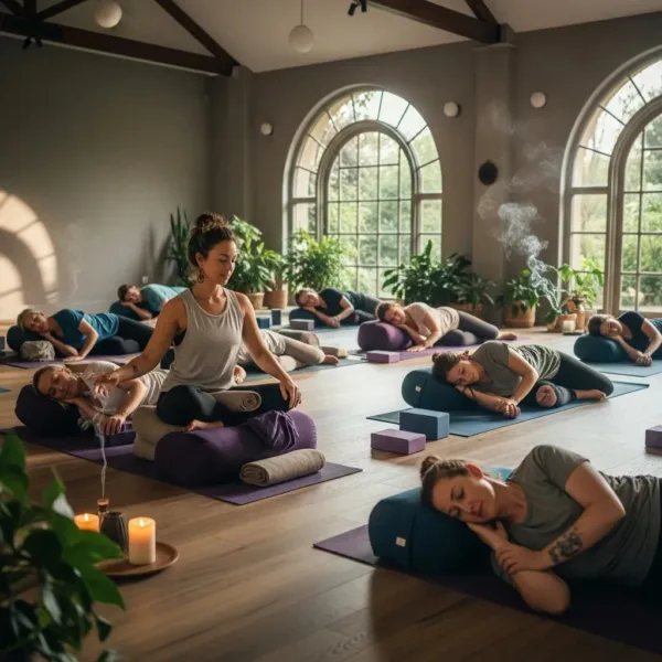 Blogs Group Yoga Session Focused On Addiction Recovery, Showcasing Diverse Individuals Practicing Mindfulness And Movement