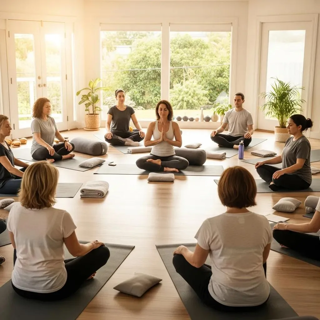 Group Practicing Yoga As Part Of Holistic Supports For Addiction Recovery