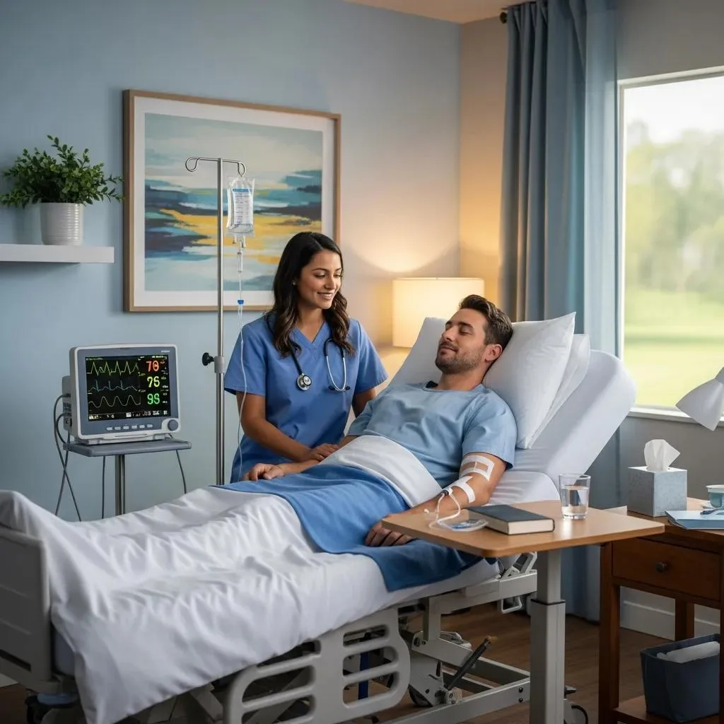 Clinician Checking A Patient'S Vital Signs In A Calm Detox Setting, Emphasizing Safety And Comfort