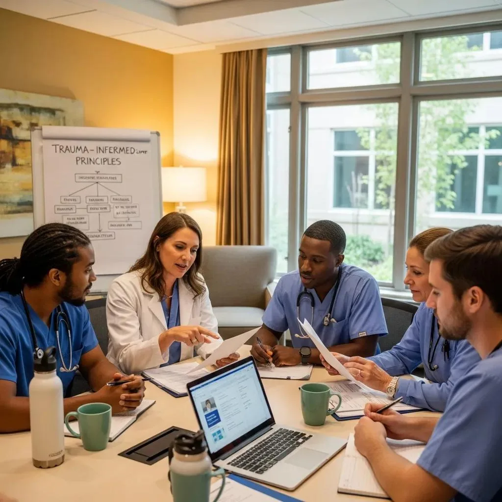 Clinical Team Collaborating On Trauma‑Informed Care For Ptsd And Addiction
