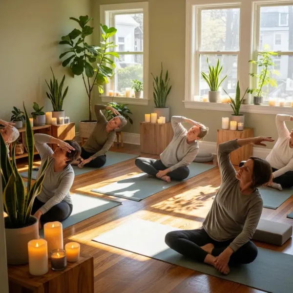 Holistic Healing Environment With Individuals Practicing Yoga, Emphasizing Wellness And Recovery