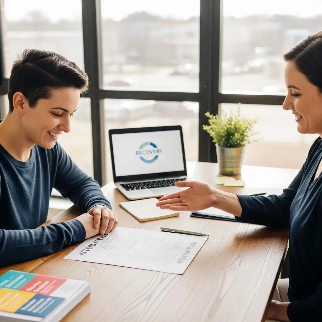 Outpatient Medical Detox Las Vegas, Nevada Counselor And Patient Discussing Aftercare And Recovery Planning In A Bright, Supportive Office