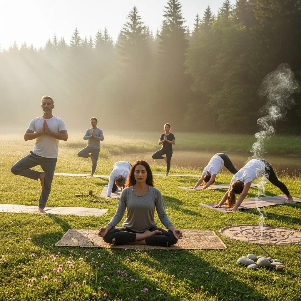 Group Practicing Gentle Yoga Outdoors As Part Of Holistic Recovery Services