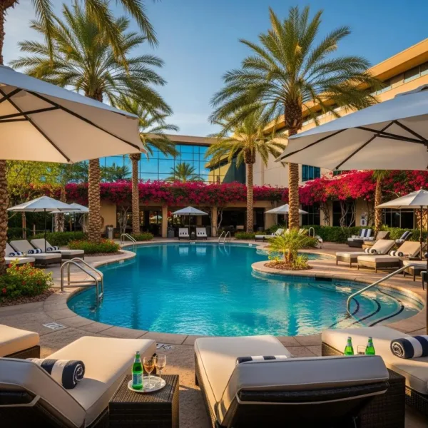 Luxury Rehab Facility In Las Vegas Featuring A Tranquil Pool Area Surrounded By Greenery, Highlighting Upscale Amenities For Addiction Treatment