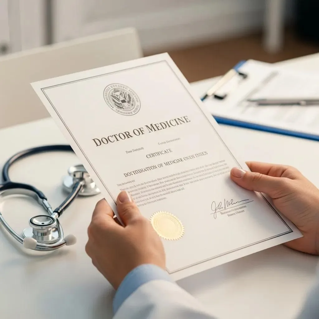 Clinician Holding A Medical Certificate In A Clinical Office