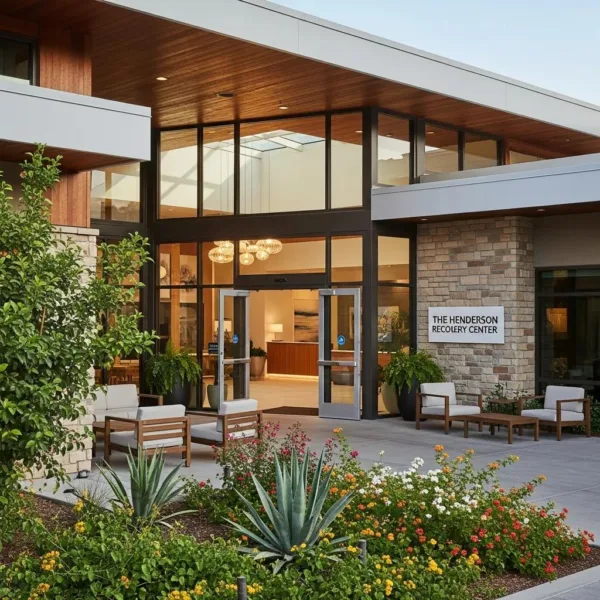 Modern Addiction Treatment Center In Henderson, Nevada, Showcasing A Welcoming Entrance And Lush Greenery