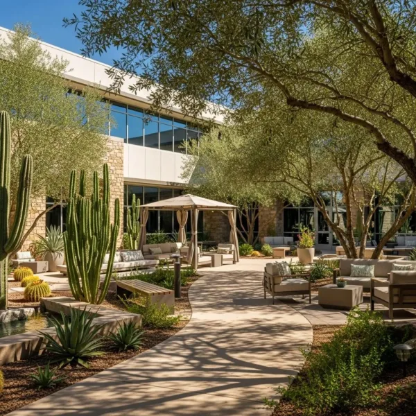 Modern Addiction Treatment Center In Summerlin, Nevada, Featuring A Peaceful Outdoor Area With Greenery