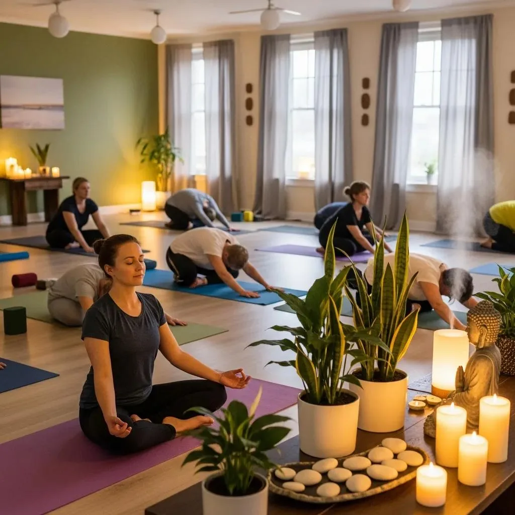 Group Practicing Gentle Yoga And Mindfulness As Part Of Holistic Recovery Care