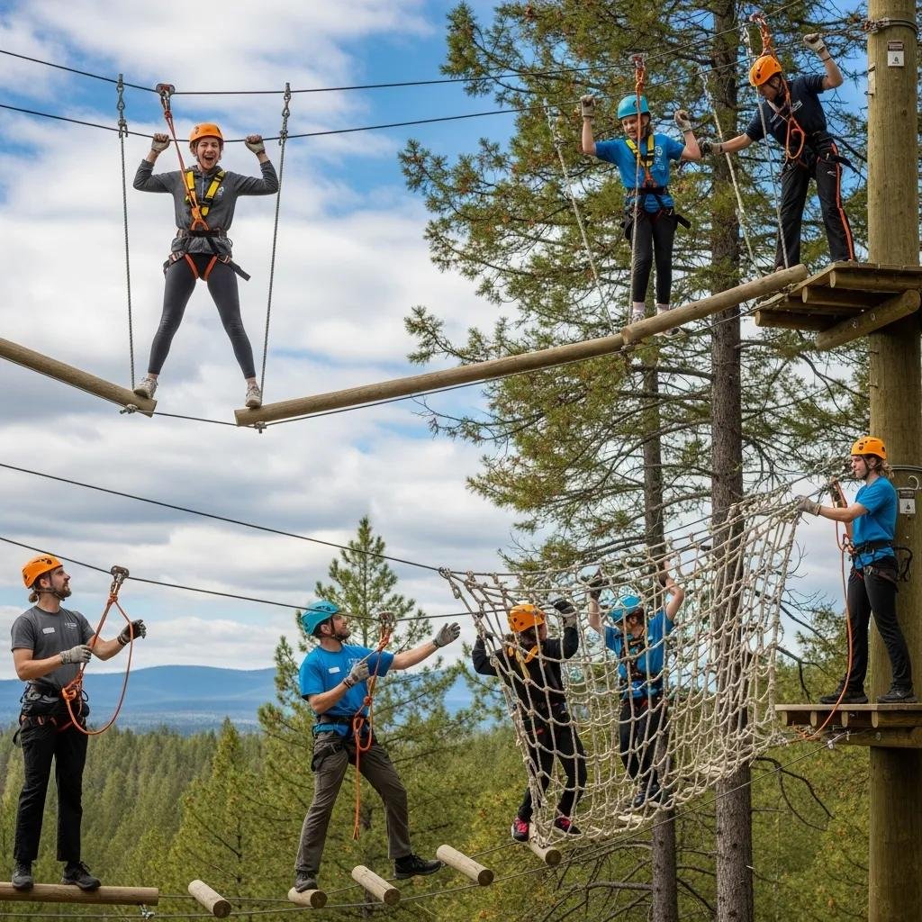 Experiential Therapy: Healing Through Activities Participants Navigating A Ropes Course During Adventure Therapy — Teamwork And Supportive Coaching In Action