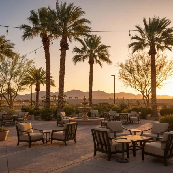 Serene Rehabilitation Center In Las Vegas With Palm Trees And Comfortable Seating, Symbolizing Hope And Recovery